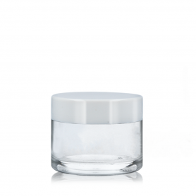 Tarro 30ml de vidrio tranparente con tapa blanca rosca