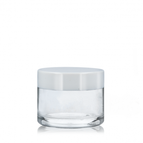 Tarro 30ml de vidrio tranparente con tapa blanca rosca